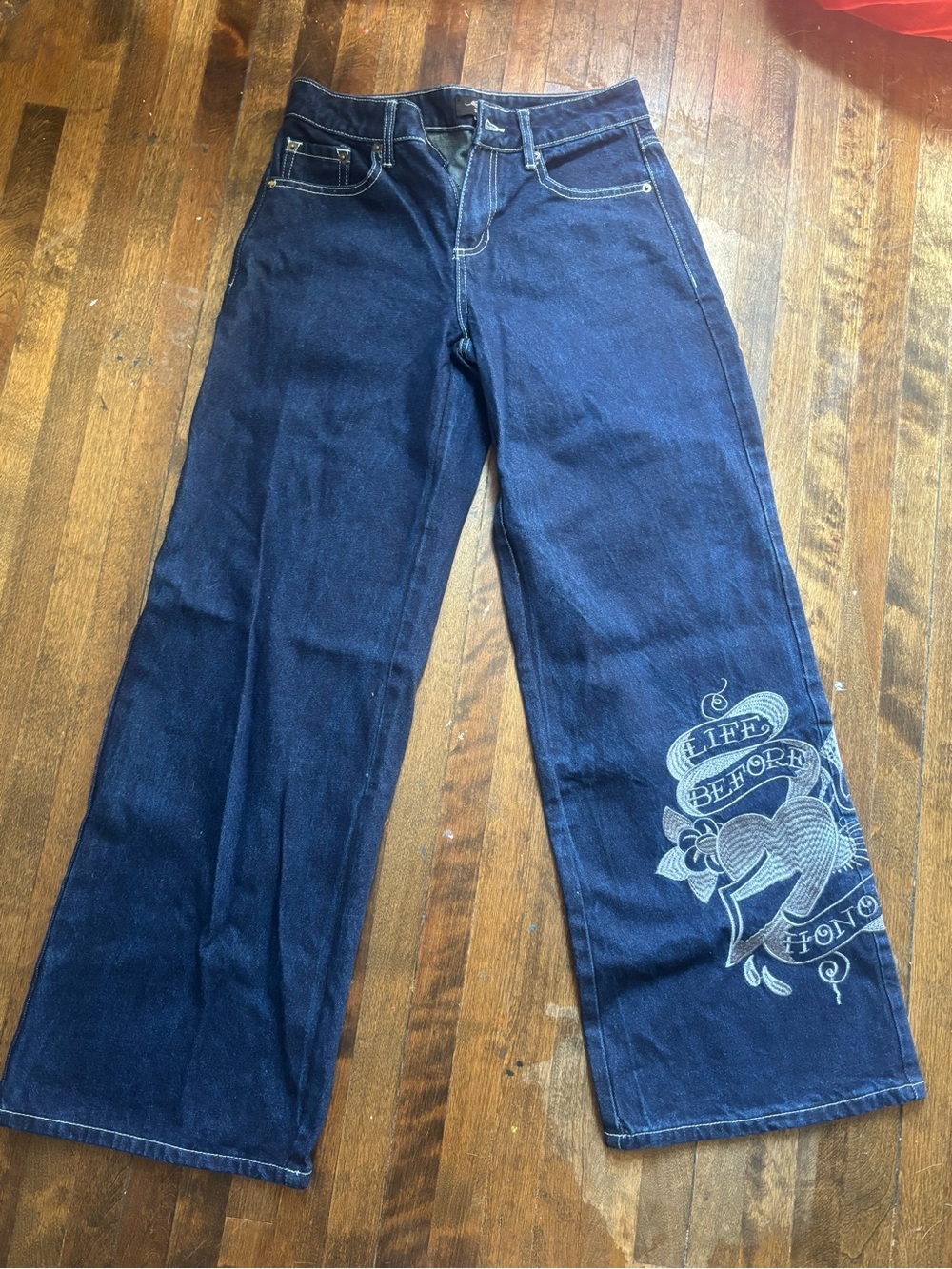 Low rise baggy Ed Hardy dark Blue Women's Jeans with Embroidered Detail
